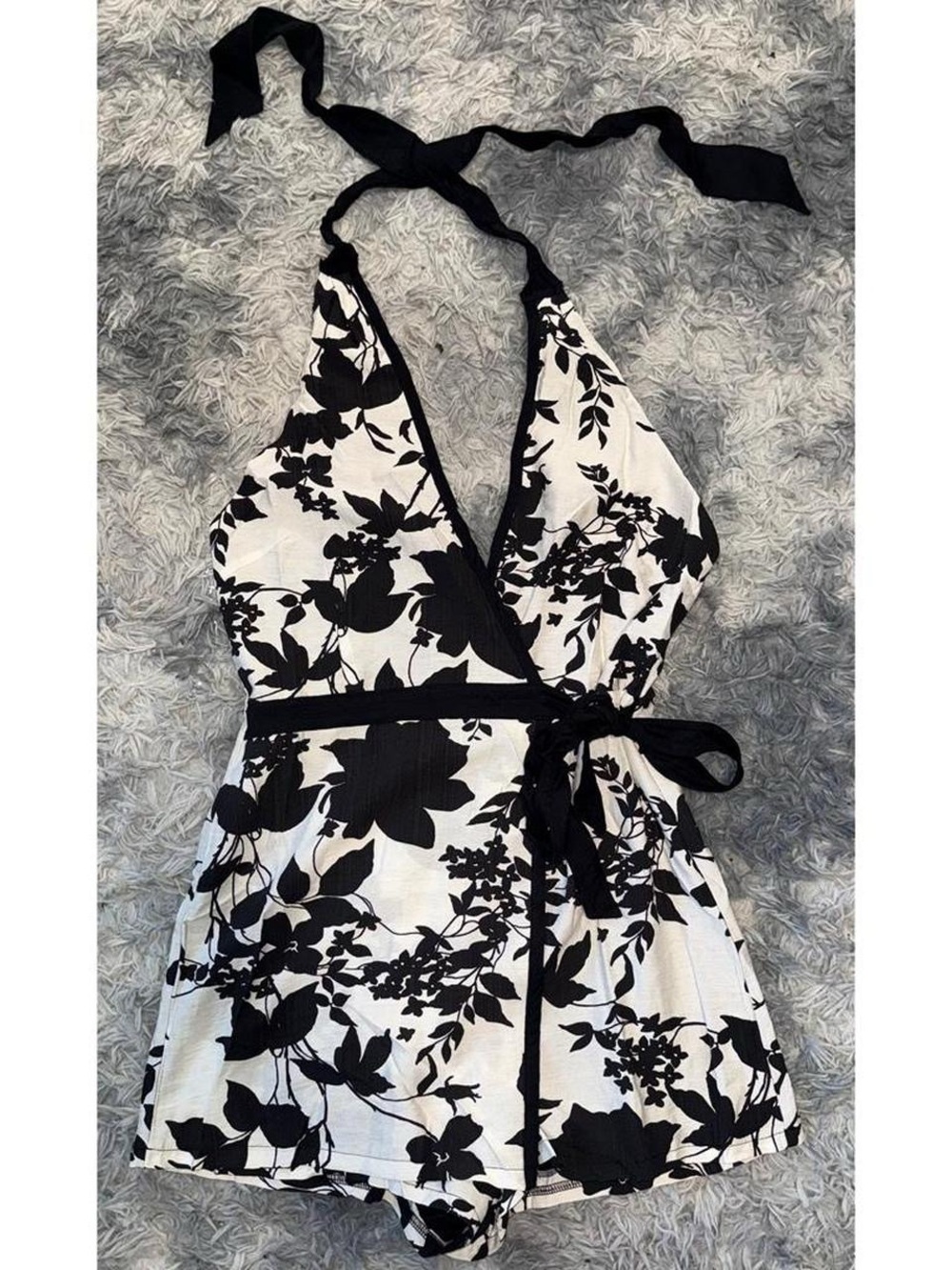 Fashion Nova Black & White Floral Halter Romper